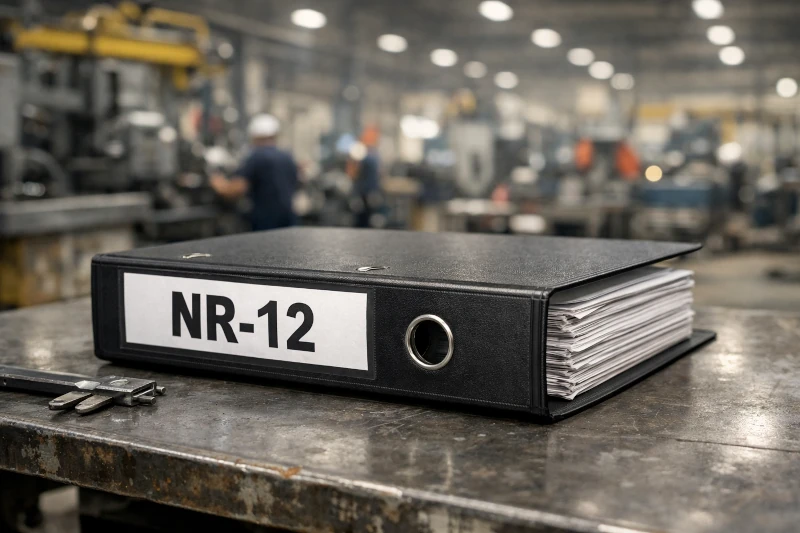 Pasta de documentação técnica NR12 arquivada em oficina - Gestão de segurança NR12