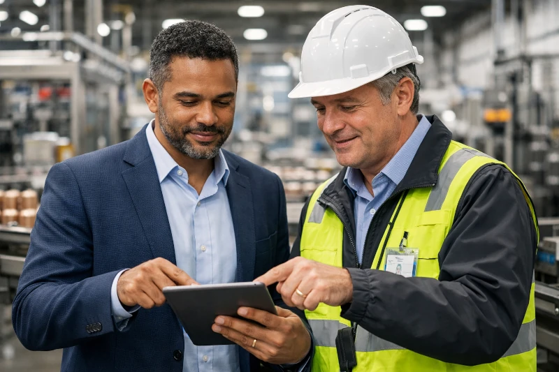 Engenheiro Valentim Neto e gerente analisando dados de segurança em tablet - Gestão de segurança NR12