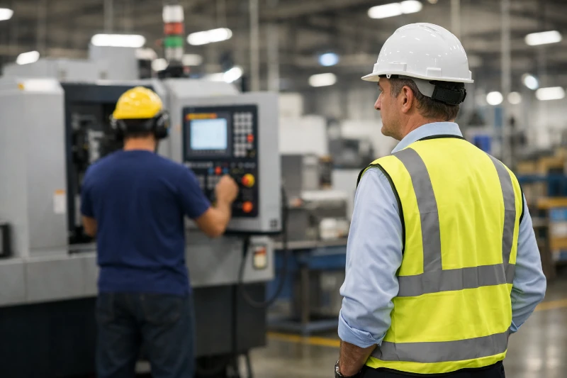 Inspetor profissional em colete de segurança observando discretamente um operador trabalhando em uma máquina industrial.