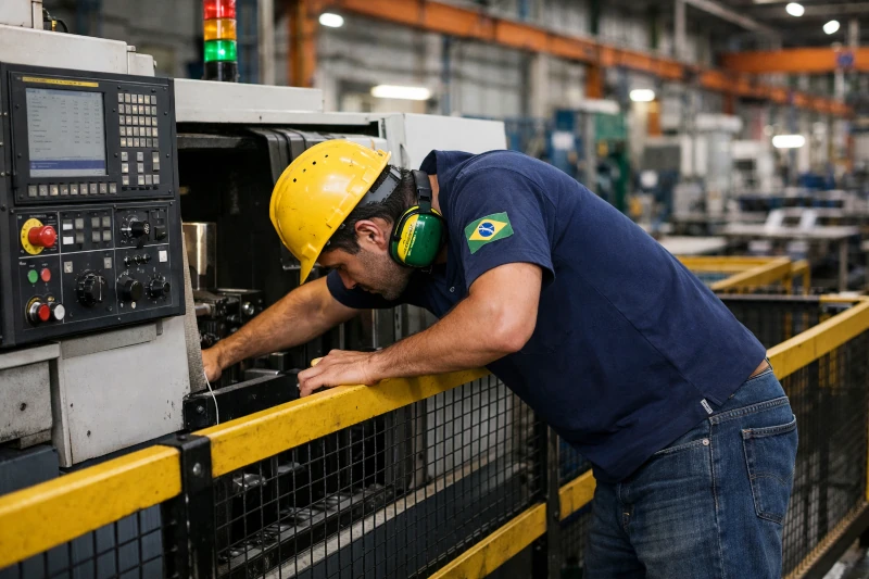 Operador burlando barreira de segurança em máquina industrial - Gestão de segurança NR12
