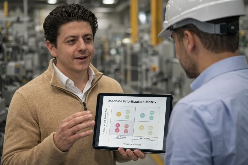 Valentim Neto explicando a matriz de priorização de máquinas para um gestor industrial.