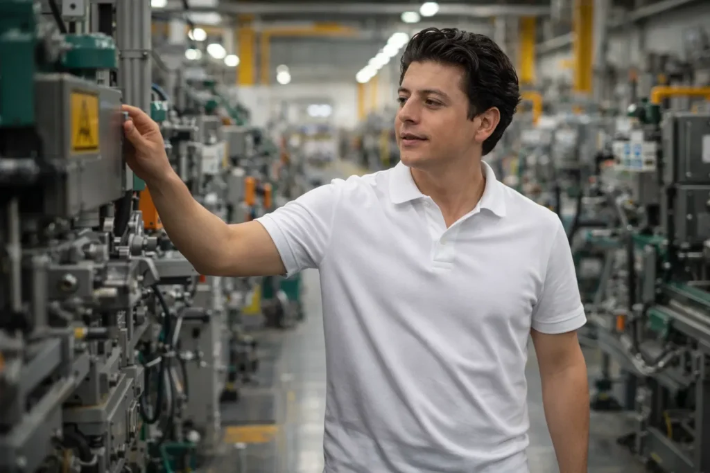 Valentim Neto inspecionando máquinas em um chão de fábrica organizado.