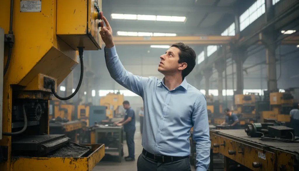 Valentim Neto em fábrica com máquina amarela, olhando preocupado para botão de parada de emergência distante - Top 3 Erros NR-12