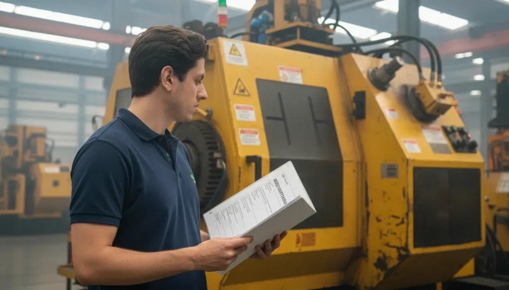 Engenheiro Valentim Neto segurando documentos de NR-12, com uma máquina amarela em segundo plano que demonstra falhas de segurança, evidenciando a desconexão entre teoria e prática.