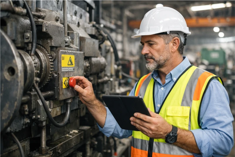 Prensa hidráulica em fábrica moderna, equipada com cortinas de luz de segurança e barreiras físicas como parte de um projeto de adequação NR12.