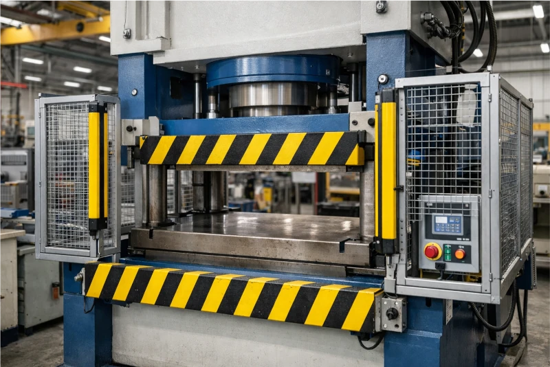 Torno mecânico profissional em ambiente industrial limpo, com proteções de segurança visíveis instaladas conforme NR12.