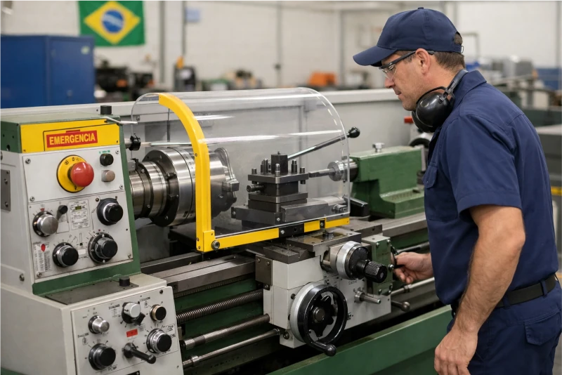 Engenheiro Valentim Neto em colete de segurança e capacete, segurando um tablet e inspecionando uma grande máquina industrial. Ele está realizando uma apreciação de risco.