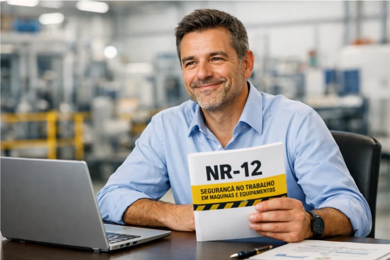 Gestor industrial em escritório, com laptop e cópia da NR-12, olhando confiante.