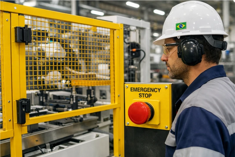 Máquina industrial moderna com múltiplas camadas de segurança: guarda amarela (proteção coletiva), botão de emergência (administrativa) e técnico com EPI.