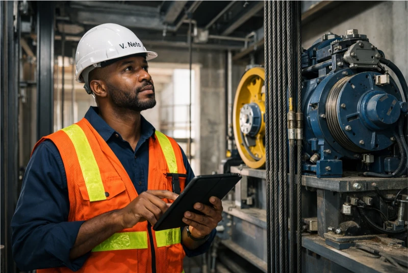 Engenheiro Valentim Neto realizando inspeção técnica detalhada em casa de máquinas de elevador em obra, usando um tablet para registrar dados.