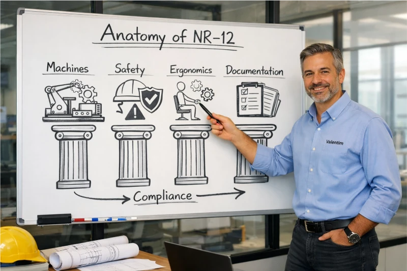Engenheiro Valentim Neto em escritório industrial, apontando para um quadro branco com um diagrama da 'Anatomia da NR-12' mostrando 4 pilares.