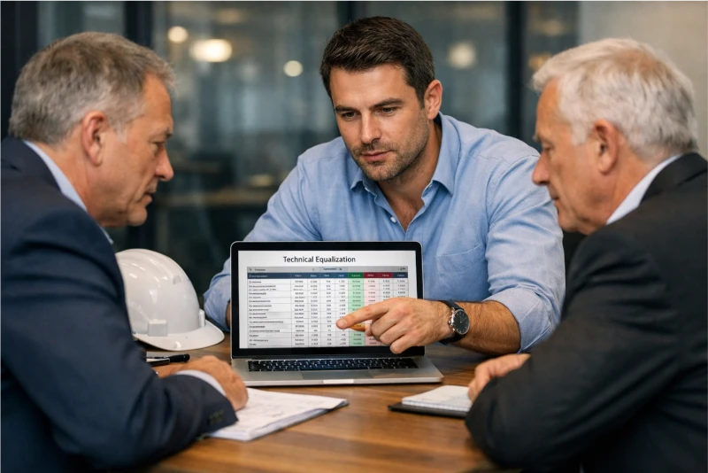 Valentim Neto em reunião com diretores de construtora analisando planilha de equalização técnica de elevadores em um laptop.