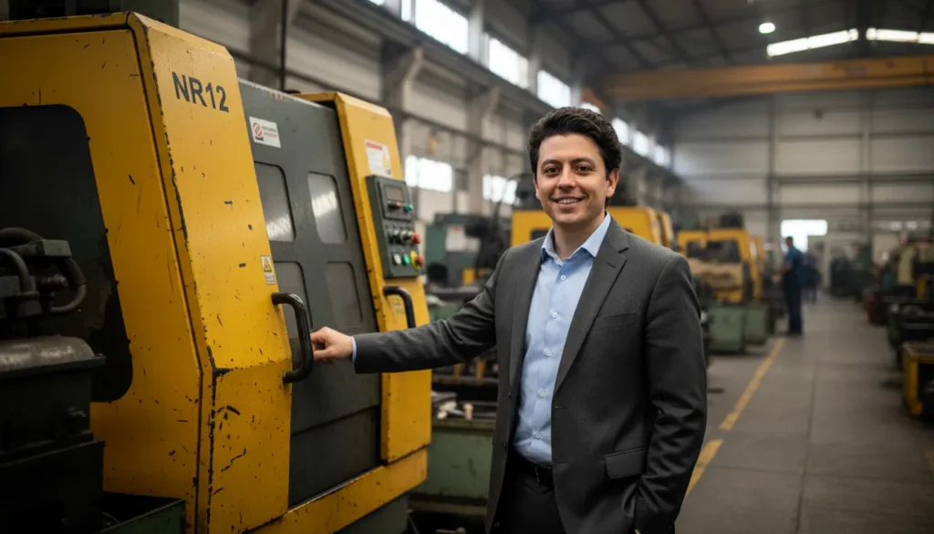 Valentim Neto apontando para um botão de parada de emergência em uma máquina industrial, simbolizando a segurança no retorno pós-Carnaval.