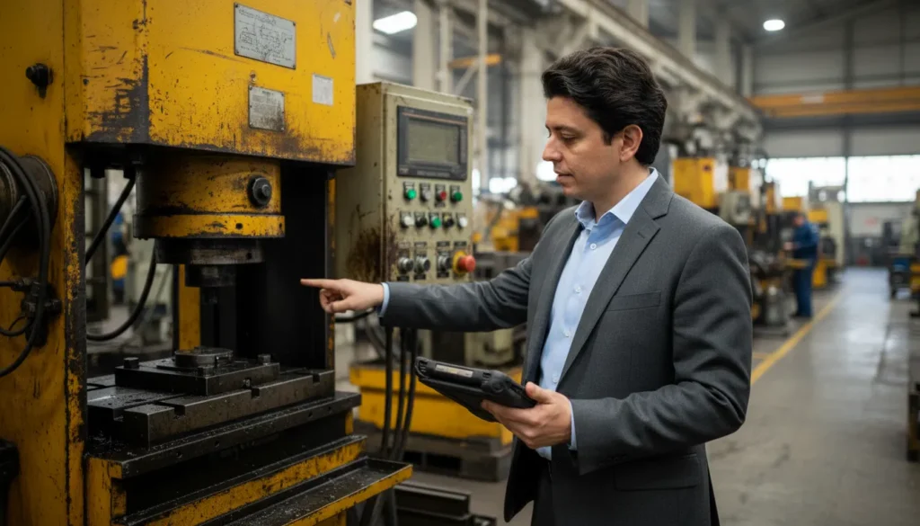 Valentim Neto apontando para um botão de parada de emergência em uma máquina industrial, simbolizando a segurança no retorno pós-Carnaval.