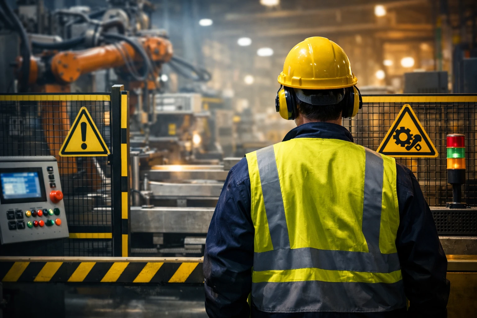 Trabalhador em ambiente industrial com proteções de segurança NR-12