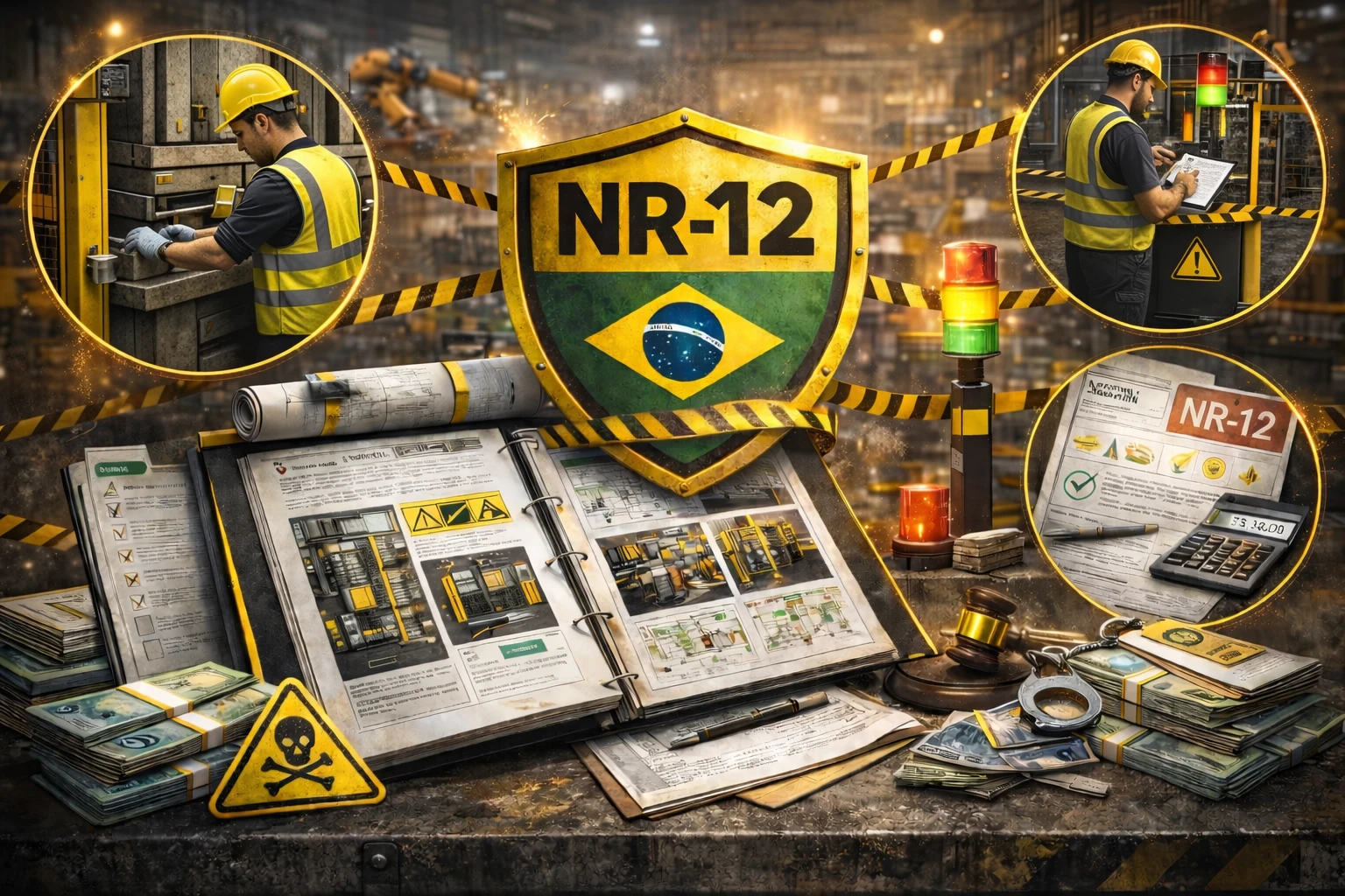 Ambiente industrial com máquina hidráulica (exemplo para contexto de adequação NR-12)